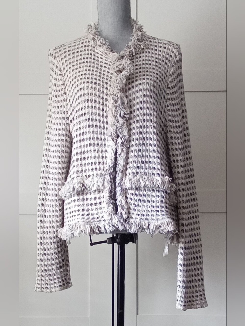 Textured Fringe Open-Front Women's Sweater Jacket - Light Gray